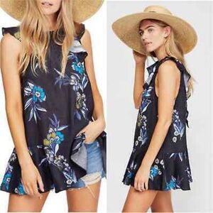 Free People Summer in Tulum Tunic Dress Linen Blend Black Floral Size M Boho